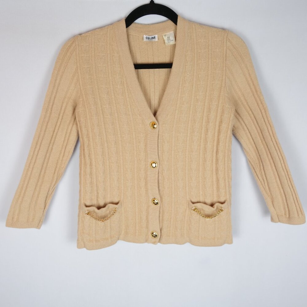 Vintage 1970s Celine Paris Cream 100% Wool Knit Cardigan Sweater, Size 38